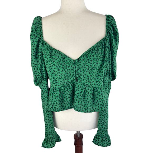 TOPSHOP HEART PRINT PUFF SLEEVE BLOUSE IN GREEN NWOT WOMEN'S SIZE 8 - Picture 4 of 13